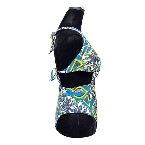 Aerie Blue Teal Floral Print Cut Out One Piece Swimsuit (Womens XL) - Picture 3 of 9